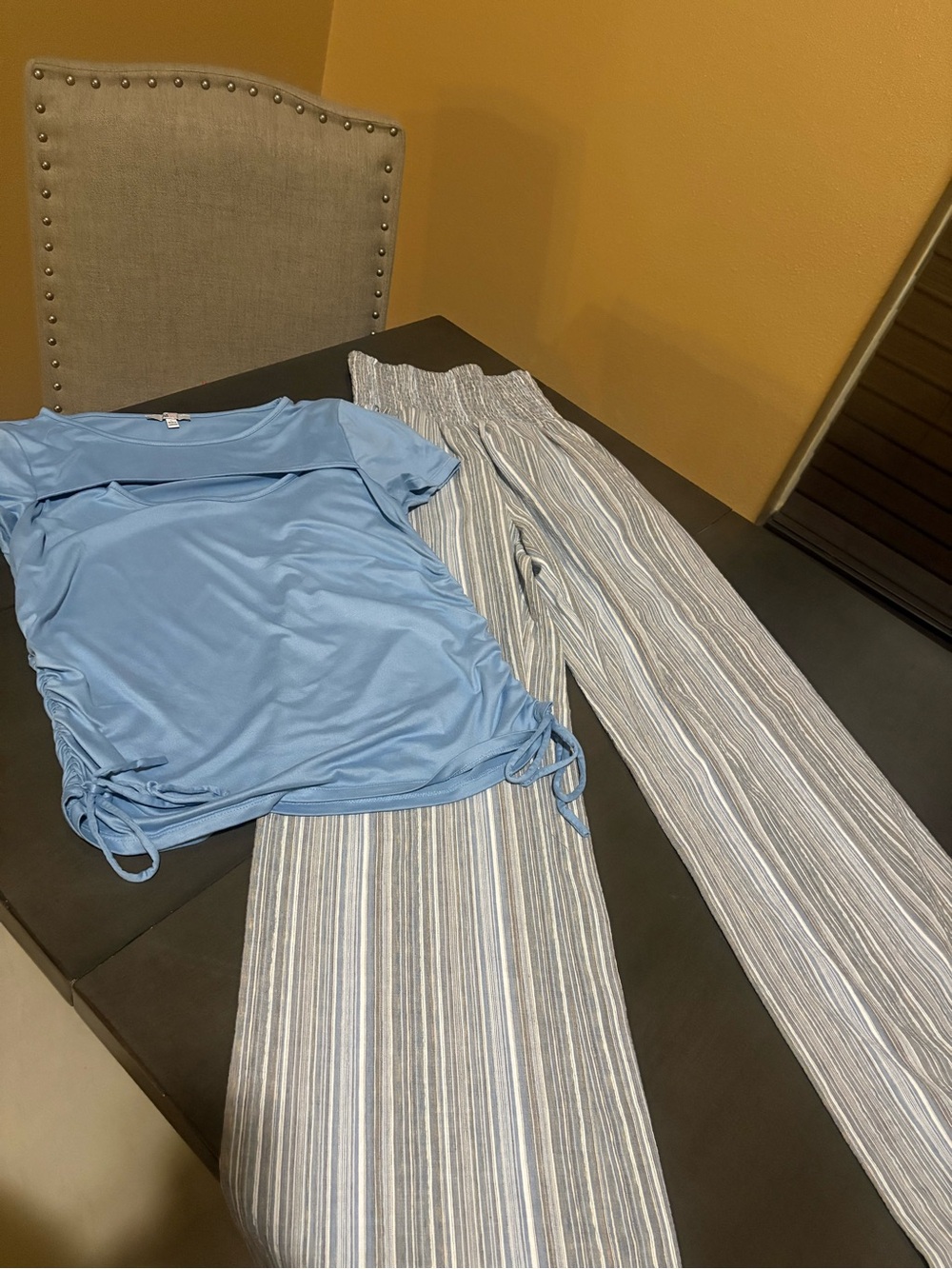 Women's Bundle -Light Blue Drawstring Top & Blue-Striped Wide Leg Pants Set